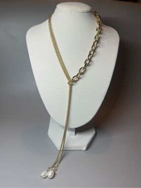 Gold Chain Lariat Necklace with Pearl Drops - Women Jewelry